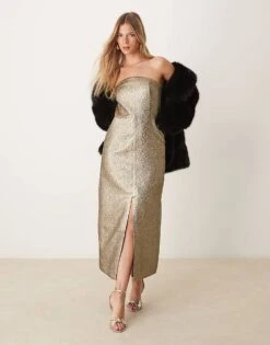 Abercrombie & Fitch Strapless Midi Dress In Gold Metallic For Women