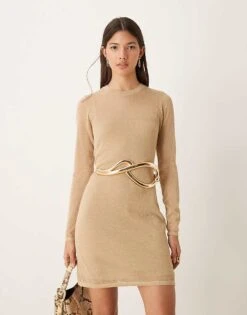 Abercrombie & Fitch Knitted Mini Dress In Gold Metallic For Women -Abercro Clothing Shop 207342817 1 gold 1