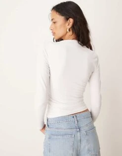 Abercrombie & Fitch Long Sleeve Top With Portrait Neck In White For Women Brilliant White -Abercro Clothing Shop 207344925 3