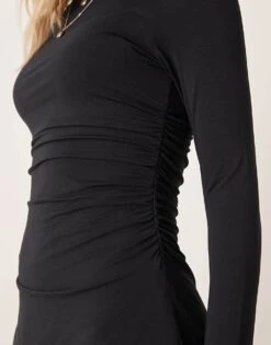 Abercrombie & Fitch High Neck, Long Sleeved Dress In Black With Waist Ruching For Women -Abercro Clothing Shop 207344954 4