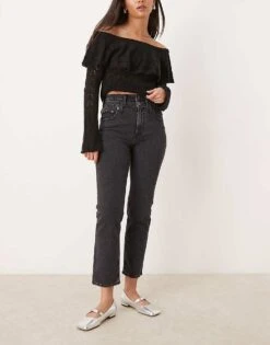Abercrombie & Fitch Double Waistband Straight Fit Jeans In Black For Women Grey/black