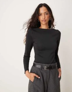 Abercrombie & Fitch Sculpt Matte Long Sleeve Top In Black With Slash Neck For Women Black Beauty -Abercro Clothing Shop 207345074 1 blackbeauty 1