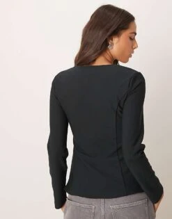 Abercrombie & Fitch Square Neck Long Sleeve Top In Black For Women -Abercro Clothing Shop 207345079 3