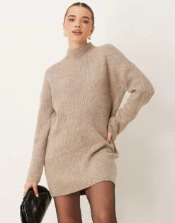 Abercrombie & Fitch Roll Neck Knitted Dress In Beige For Women