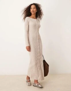 Abercrombie & Fitch Long Sleeve Button Down Knitted Maxi Dress In Light Beige For Women Grey -Abercro Clothing Shop 207345124 1 grey 1