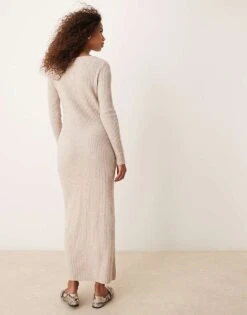 Abercrombie & Fitch Long Sleeve Button Down Knitted Maxi Dress In Light Beige For Women Grey -Abercro Clothing Shop 207345124 3