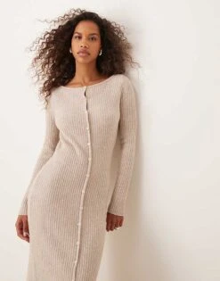 Abercrombie & Fitch Long Sleeve Button Down Knitted Maxi Dress In Light Beige For Women Grey -Abercro Clothing Shop 207345124 4