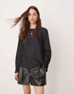 Abercrombie & Fitch Long Sleeve Satin Top In Black For Women -Abercro Clothing Shop 207345125 3