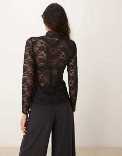 Abercrombie & Fitch Lace High Neck Long Sleeve Top In Black For Women Black Beauty -Abercro Clothing Shop 207345184 4