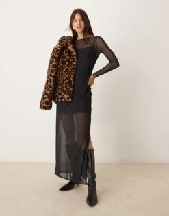 Abercrombie & Fitch Long Sleeve Mesh Maxi Dress In Black With Side Slit For Women Black Beauty -Abercro Clothing Shop 207345246 1 blackbeauty 1