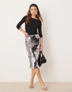 Abercrombie & Fitch High Waisted Silver Sequin Midi Column Skirt For Women White Silver Sequins