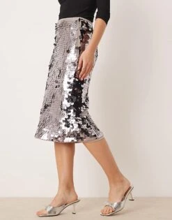 Abercrombie & Fitch High Waisted Silver Sequin Midi Column Skirt For Women White Silver Sequins -Abercro Clothing Shop 207345314 3