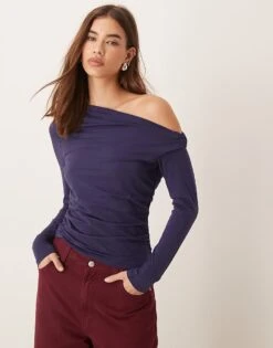 Abercrombie & Fitch Asymmetric Off The Shoulder Long Sleeve Top In Navy For Women