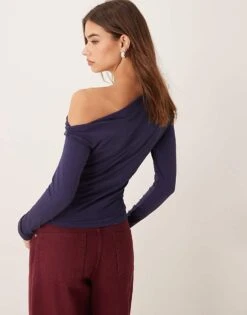 Abercrombie & Fitch Asymmetric Off The Shoulder Long Sleeve Top In Navy For Women -Abercro Clothing Shop 207345388 3