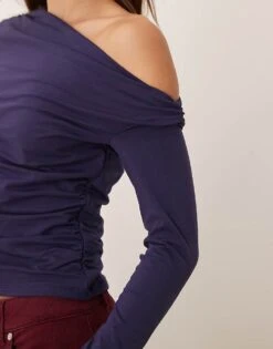 Abercrombie & Fitch Asymmetric Off The Shoulder Long Sleeve Top In Navy For Women -Abercro Clothing Shop 207345388 4