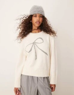 Abercrombie & Fitch Crewneck Knit Sweater With Bow In Light Grey For Women