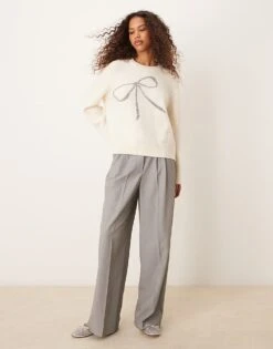 Abercrombie & Fitch Crewneck Knit Sweater With Bow In Light Grey For Women -Abercro Clothing Shop 207345499 4