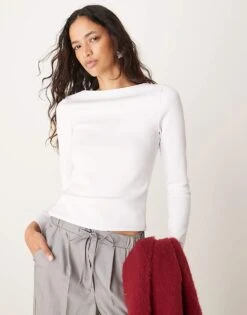 Abercrombie & Fitch Sculpt Matte Long Sleeve Top In White With Slash Neck For Women Brilliant White -Abercro Clothing Shop 207345502 1 brilliantwhite 1