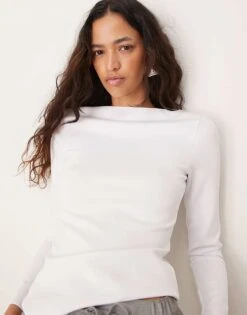Abercrombie & Fitch Sculpt Matte Long Sleeve Top In White With Slash Neck For Women Brilliant White -Abercro Clothing Shop 207345502 3