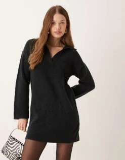 Abercrombie & Fitch Long Sleeve Knitted Dress In Black With Collar For Women Black Beauty -Abercro Clothing Shop 207345545 1 blackbeauty 1
