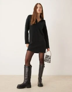 Abercrombie & Fitch Long Sleeve Knitted Dress In Black With Collar For Women Black Beauty -Abercro Clothing Shop 207345545 2