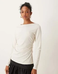 Abercrombie & Fitch Long Sleeve Top With Slash Neck In Cream For Women Birch
