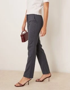 Abercrombie & Fitch Tailored Pinstripe Trousers In Grey For Women Metallic Stripe -Abercro Clothing Shop 207345599 3