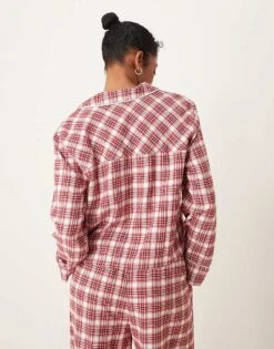 Abercrombie & Fitch Co-ord Cropped Pyjama Shirt In Red And Green Tartan For Women Red Plaid -Abercro Clothing Shop 207345605 4