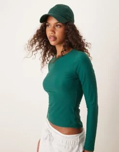 Abercrombie & Fitch Soft Matte Long Sleeve Crew Neck Top In Forest Green For Women