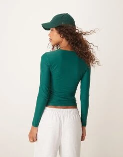 Abercrombie & Fitch Soft Matte Long Sleeve Crew Neck Top In Forest Green For Women -Abercro Clothing Shop 207345687 4