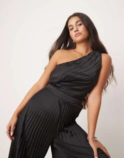 Abercrombie & Fitch One Shoulder Pleated Jumpsuit In Black For Women Black Beauty -Abercro Clothing Shop 207345719 3