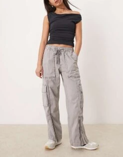 Abercrombie & Fitch High Rise Wide Leg Cargo Trousers In Grey For Women Frost Grey -Abercro Clothing Shop 207597495 1 frostgrey 1
