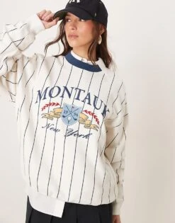 Abercrombie & Fitch Stripe Detail Motif Fleece Top In Cream Multi For Women