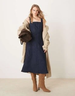 Abercrombie & Fitch Square Neck Fit & Flare Panelled Denim Midi Dress In Indigo Wash For Women Navy
