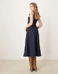Abercrombie & Fitch Square Neck Fit & Flare Panelled Denim Midi Dress In Indigo Wash For Women Navy -Abercro Clothing Shop 207853068 3