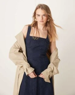 Abercrombie & Fitch Square Neck Fit & Flare Panelled Denim Midi Dress In Indigo Wash For Women Navy -Abercro Clothing Shop 207853068 4