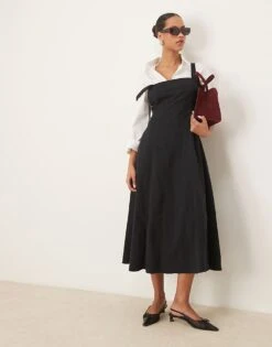 Abercrombie & Fitch Square Neck Fit & Flare Panelled Midi Dress In Black For Women -Abercro Clothing Shop 207853108 1 black 1