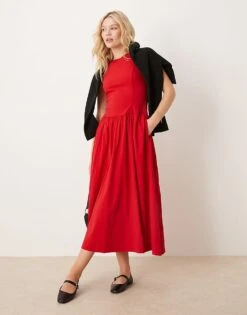 Abercrombie & Fitch High Neck Drop Waist Midi Dress In Red For Women