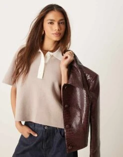 Abercrombie & Fitch Short Sleeve Preppy Knit Contrast Polo Tee In Cream For Women -Abercro Clothing Shop 207870923 1 cream 1