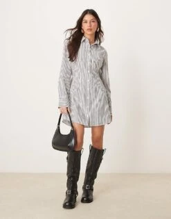Abercrombie & Fitch Long Sleeve Fitted Mini Shirt Dress In Black Stripe For Women