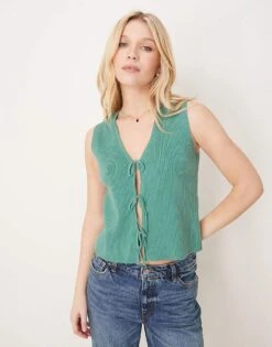 Abercrombie & Fitch Tie Front V Neck Vest In Green For Women -Abercro Clothing Shop 207870999 4