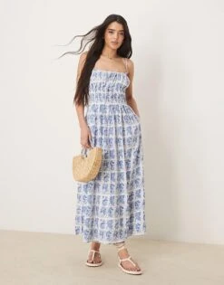 Abercrombie & Fitch Flowy Maxi Dress In Blue Stamp Print For Women