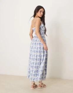 Abercrombie & Fitch Flowy Maxi Dress In Blue Stamp Print For Women -Abercro Clothing Shop 207871058 3