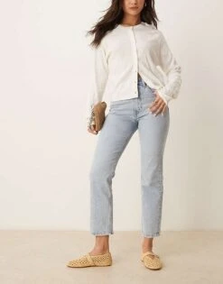 Abercrombie & Fitch Mid Rise Ankle Straight Jeans In Light Blue Wash For Women