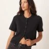 Abercrombie & Fitch Crew Neck Button Through Short Sleeve Knit Cardigan In Black For Women