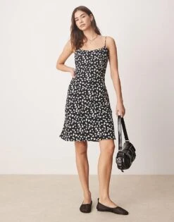 Abercrombie & Fitch Valentines Cami Strap Slip Knee Length Dress In Black Heart Print For Women