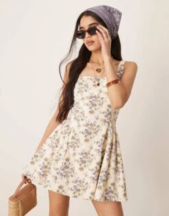 Abercrombie & Fitch Sleeveless Flare Mini Dress In Beige Floral For Women Floral Print