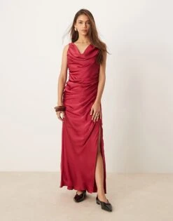 Abercrombie & Fitch Cowl Neck Draped Maxi Dress In Dark Pink For Women Sangria