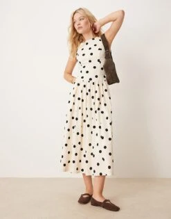 Abercrombie & Fitch High Neck Drop Waist Midi Dress In Black Polkadot For Women Black Dot Print