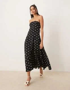 Abercrombie & Fitch Asymmetric Strapless Clasp Back Midi Dress In Black Polkadot For Women Black Dot -Abercro Clothing Shop 207871627 1 blackdot 1